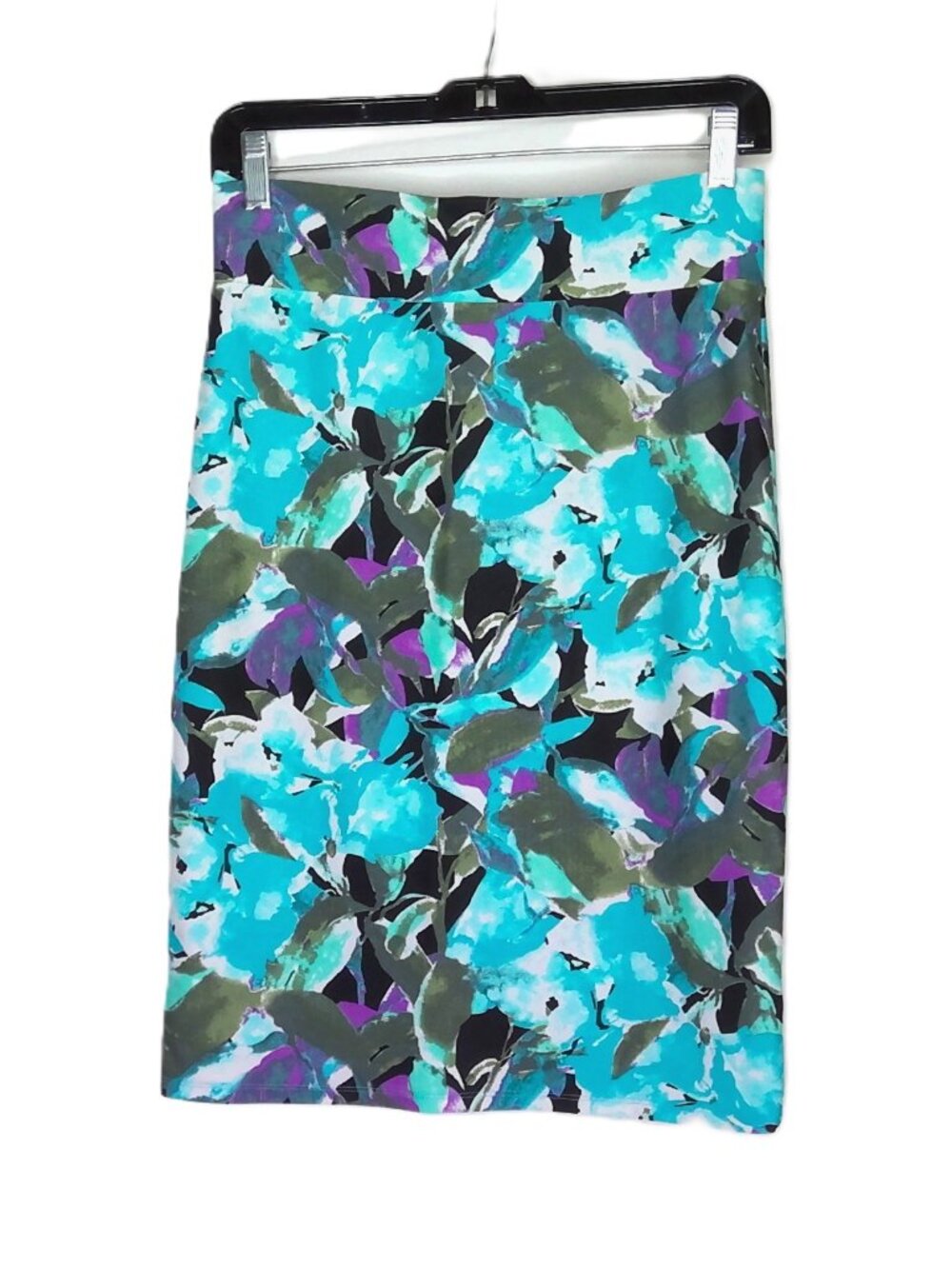 Watercolor Floral Skirt Knee Length Stretch Back Slit Blue Green White Purple M